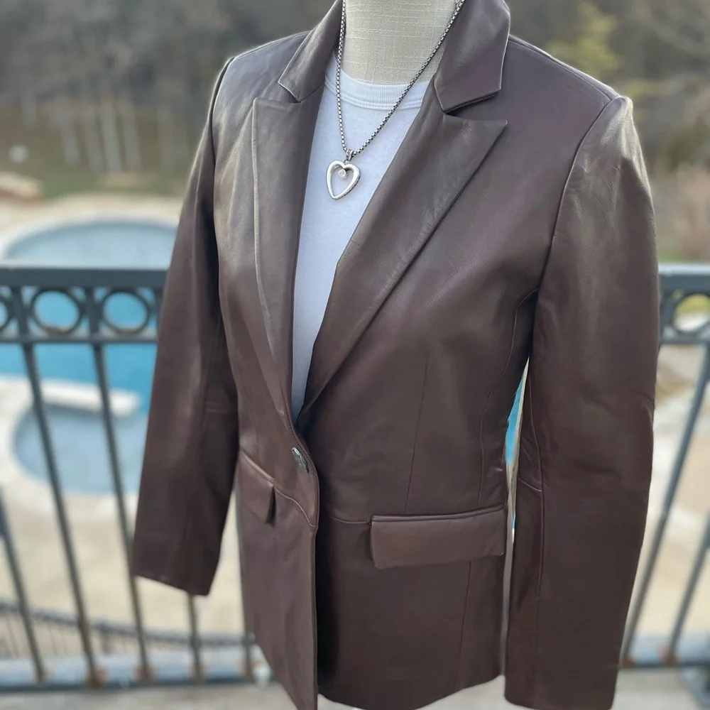 Bod & Christensen Chocolate Brown Leather Blazer size M NWT - Picture 13 of 14